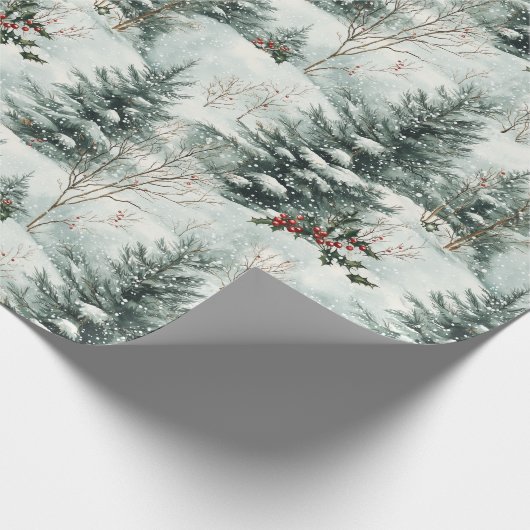Kerstpatroon met Snowy Forest en Pine bomen Cadeaupapier (Hoek)
