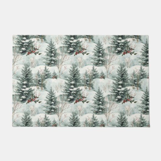 Kerstpatroon met Snowy Forest en Pine bomen Deurmat (Voorkant)