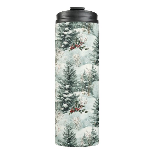Kerstpatroon met Snowy Forest en Pine bomen Thermosbeker (Voorkant)