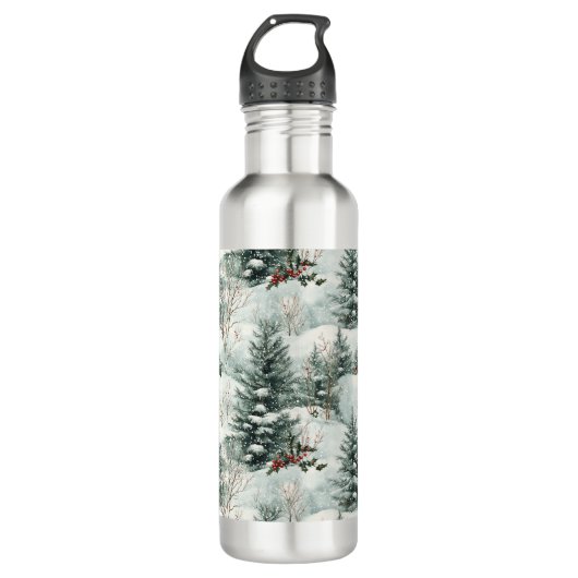Kerstpatroon met Snowy Forest en Pine bomen Waterfles (Voorkant)