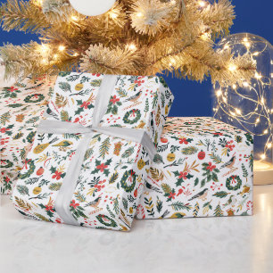 Kerstpatroon met vogeltjes, kransen & Snoep Cadeaupapier