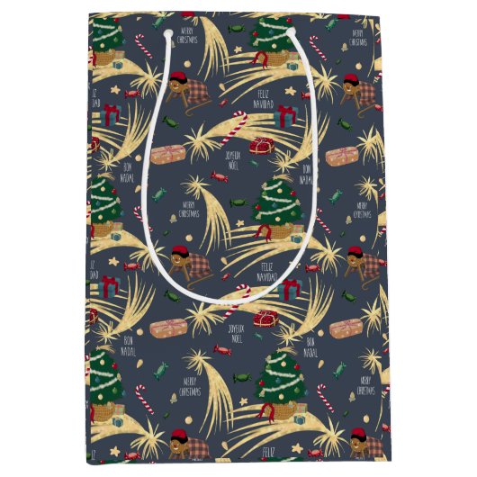 Kerstpatroon op donkerblauw medium cadeauzakje (Voorkant)