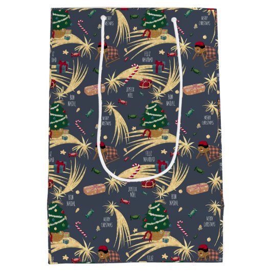 Kerstpatroon op donkerblauw medium cadeauzakje (Achterkant)