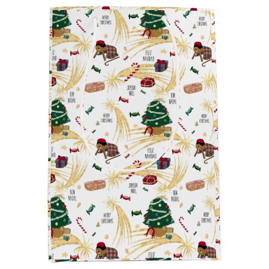 Kerstpatroon op wit medium cadeauzakje (Voorkant)