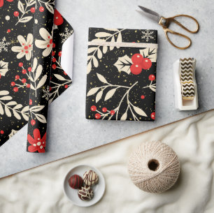 Kerstpatroon Rood Heilig Wit Bladeren Cadeaupapier