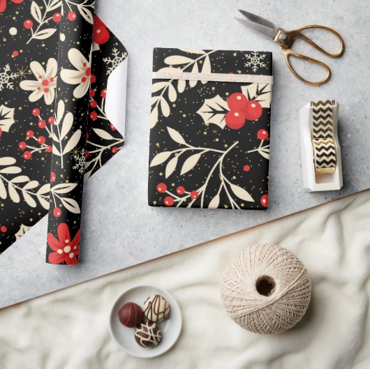 Kerstpatroon Rood Heilig Wit Bladeren Cadeaupapier (Crafts)