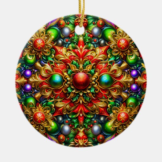 KERSTPATROON Rood Paarse Goud Groen 3D ~ Keramisch Ornament (Voorkant)