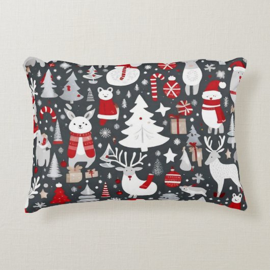 Kerstpatroon sneeuwman santa bomen grijs decor accent kussen (Voorkant)