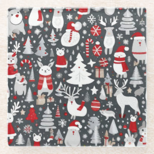 Kerstpatroon sneeuwman santa bomen grijs decor glazen onderzetter