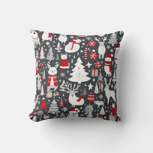 Kerstpatroon sneeuwman santa bomen grijs decor kussen (Voorkant)