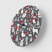 Kerstpatroon sneeuwman santa bomen grijs decor ronde klok (Hoek)