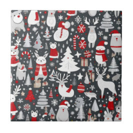 Kerstpatroon sneeuwman santa bomen grijs decor tegeltje