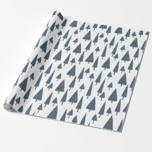 Kerstpatroon van blauwe sparren op wit cadeaupapier