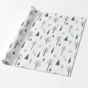 Kerstpatroon van blauwe, zwarte bomen op wit cadeaupapier