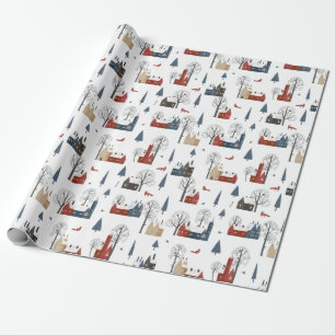 Kerstpatroon Van Dorpshuizen En Rode Vos Cadeaupapier