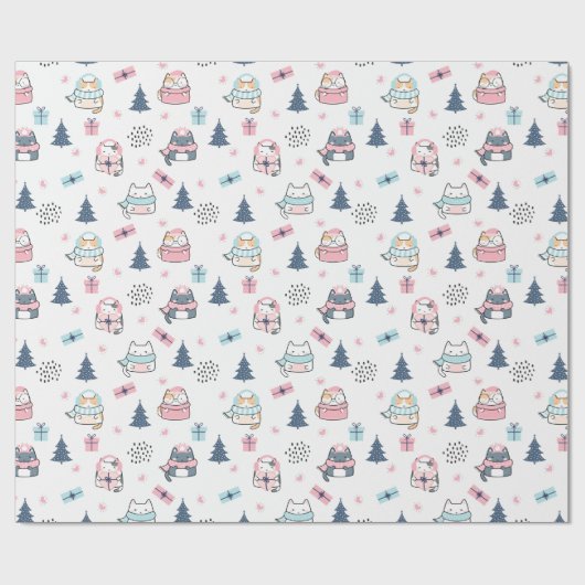 Kerstpatroon van grappige katten, cadeaus, sneeuw cadeaupapier (Vlak)