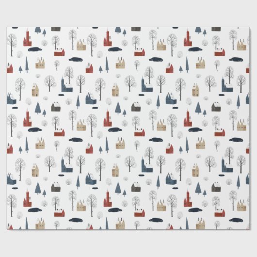 Kerstpatroon van huizen, bomen, vijver of meer cadeaupapier (Vlak)