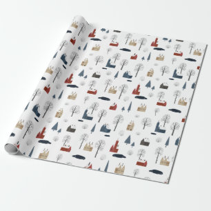 Kerstpatroon van Huizen, Bomen, Vijver of Meer Cadeaupapier