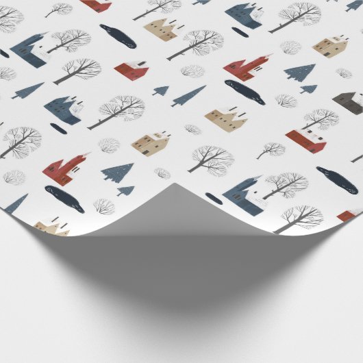 Kerstpatroon van huizen, bomen, vijver of meer cadeaupapier (Hoek)