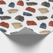 Kerstpatroon van kleurrijke gebouwen op wit cadeaupapier (Hoek)