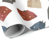 Kerstpatroon van kleurrijke gebouwen op wit cadeaupapier (Rol Hoek)