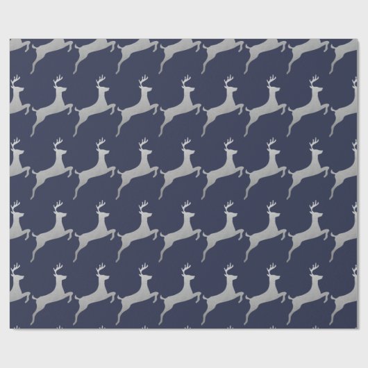 kerstpatroon van Navy Blue Silver Reindeers Cadeaupapier (Vlak)