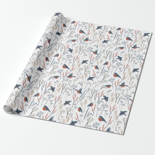 kerstpatroon van rode Robin Birds en Planten Cadeaupapier (Uitgerold)