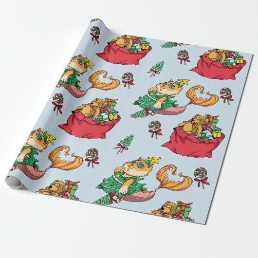 kerstpatroonschilderij Funny Mermaid Cat Cadeaupapier (Uitgerold)