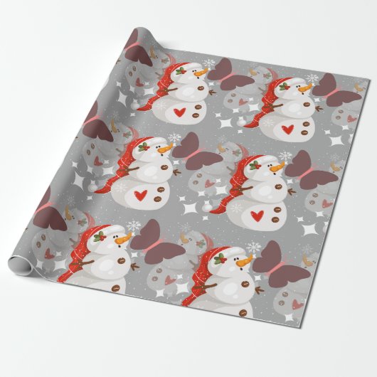 Kerstpatroonschildertje, Snowman en Butterflies Cadeaupapier (Uitgerold)