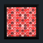 Kerstpictogram Red Squares Holiday Art Klassiek Cadeaudoosje<br><div class="desc">Een schattig kerstpatroon met versieringen van een kerstboom,  rendieren,  cadeaus,  sterren en een kerstbal.</div>