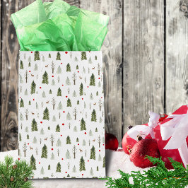 Kerstpijnbomen Groen Rood Rustieke Waterverf Medium Cadeauzakje