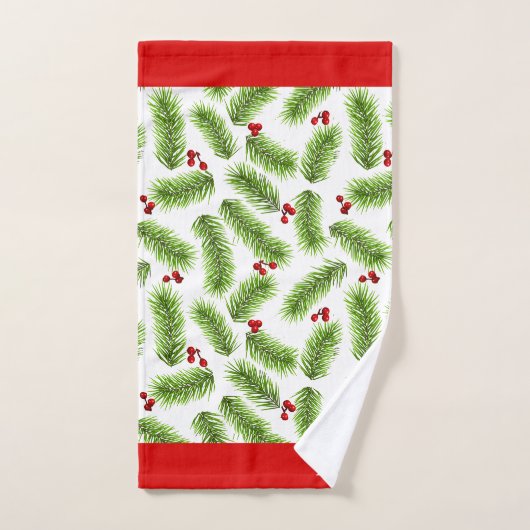 Kerstpijnboombladeren en bessen op monogram bad handdoek (Handdoek)