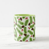 Kerstpijnboombladeren, kegels & bessen tweekleurige koffiemok (Center)