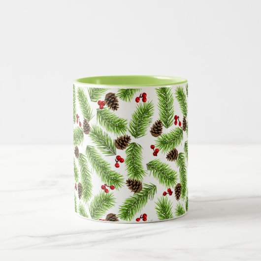 Kerstpijnboombladeren, kegels & bessen tweekleurige koffiemok (Center)