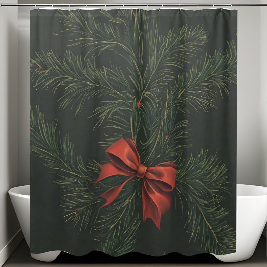 Kerstpijnboomkrans Red Bow Feestelijke Vakantie Douchegordijn