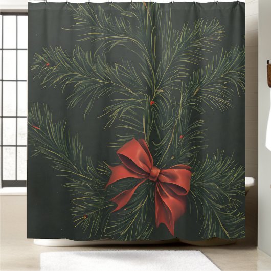 Kerstpijnboomkrans Red Bow Feestelijke Vakantie Douchegordijn