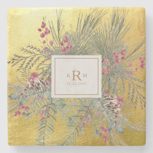 kerstpine Botanische Goudmonogram Stenen Onderzetter (Voorkant)