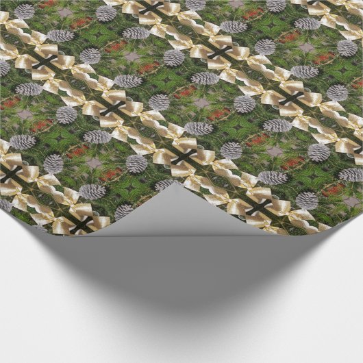 Kerstpine Cones Ribbon Kaleidoscopisch Patroon Cadeaupapier (Hoek)