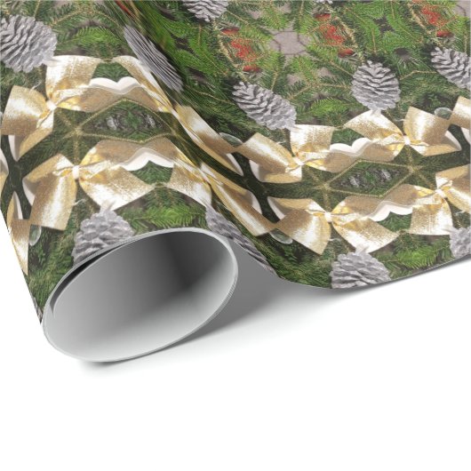 Kerstpine Cones Ribbon Kaleidoscopisch Patroon Cadeaupapier (Rol Hoek)