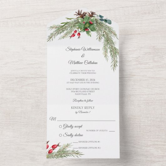 kerstpine en bessen all in one uitnodiging (Binnen)