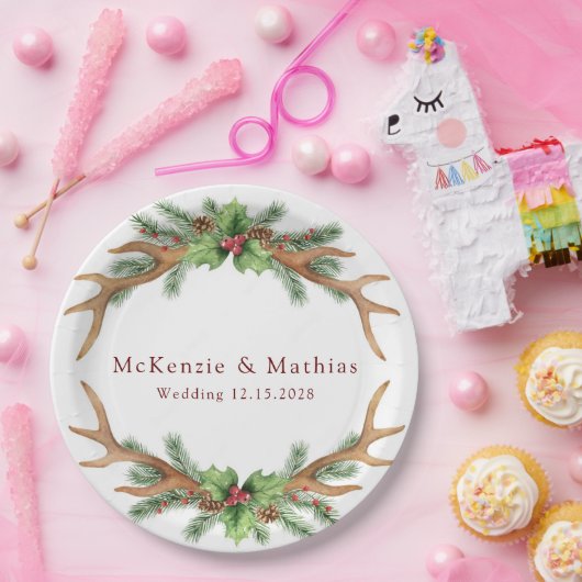 Kerstpine en Deer Antlers bruiloft Papieren Bordje (Feest)