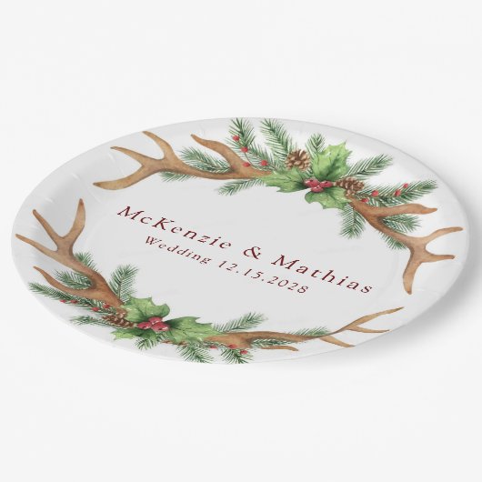 Kerstpine en Deer Antlers bruiloft Papieren Bordje (Gekanteld)