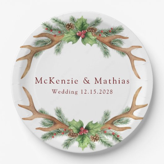 Kerstpine en Deer Antlers bruiloft Papieren Bordje (Voorkant)