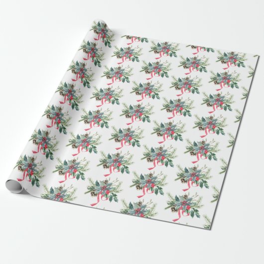 Kerstpine en Ribbon Bouquet Cadeaupapier (Uitgerold)