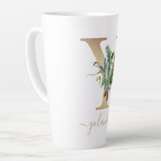 kerstpine rode bessen Monogram Y Naam Latte Mok (Linkerhoek)