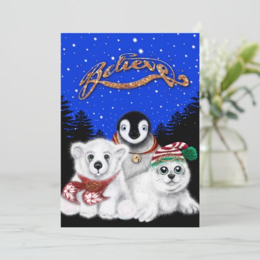 Kerstpinguïn baby Polar beer Seal Pup Feestdagenkaart (Staand voorkant)