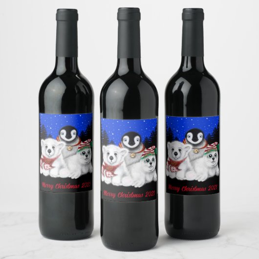 Kerstpinguïn baby Polar beer Seal Pup Wijn Etiket (Flessen)