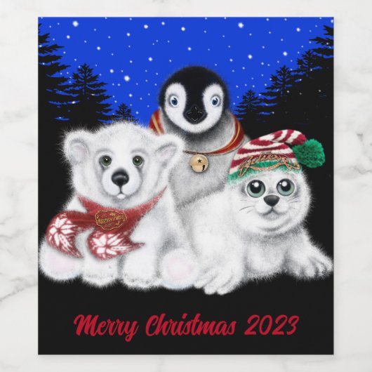 Kerstpinguïn baby Polar beer Seal Pup Wijn Etiket (Enkel label)