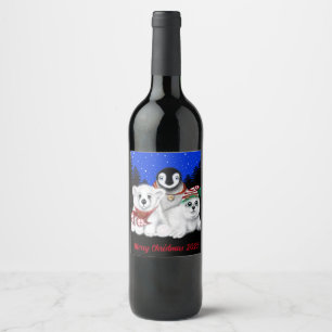 Kerstpinguïn baby Polar beer Seal Pup Wijn Etiket