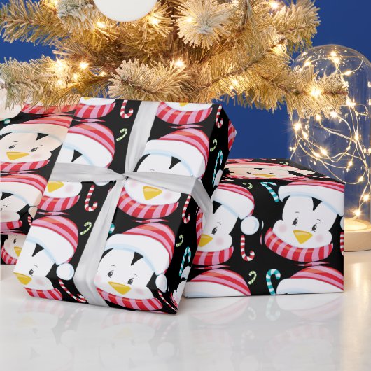 kerstpinguïn cartoon snoepriet zwart cadeaupapier (Feestdagen)